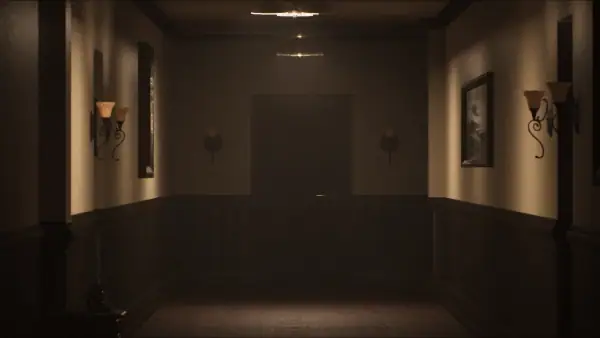 A hotel corridor; the lights go out, and when they come back something is standing at the end of it