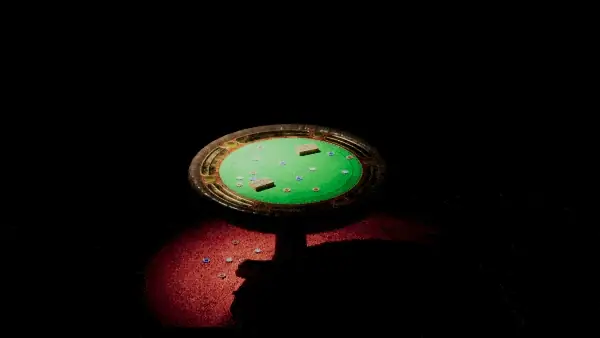 A poker table under a single light, in a room that shouldn't be there