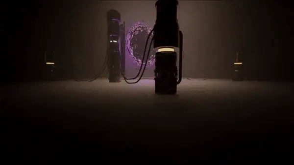 The portal machines humming in a foggy room