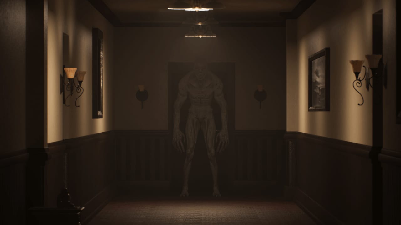 The creature standing at the end of a hotel corridor