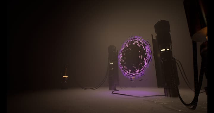 The portal, glowing purple between two machines