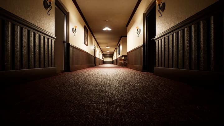 A long hotel corridor