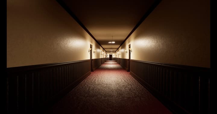 A dim hotel corridor